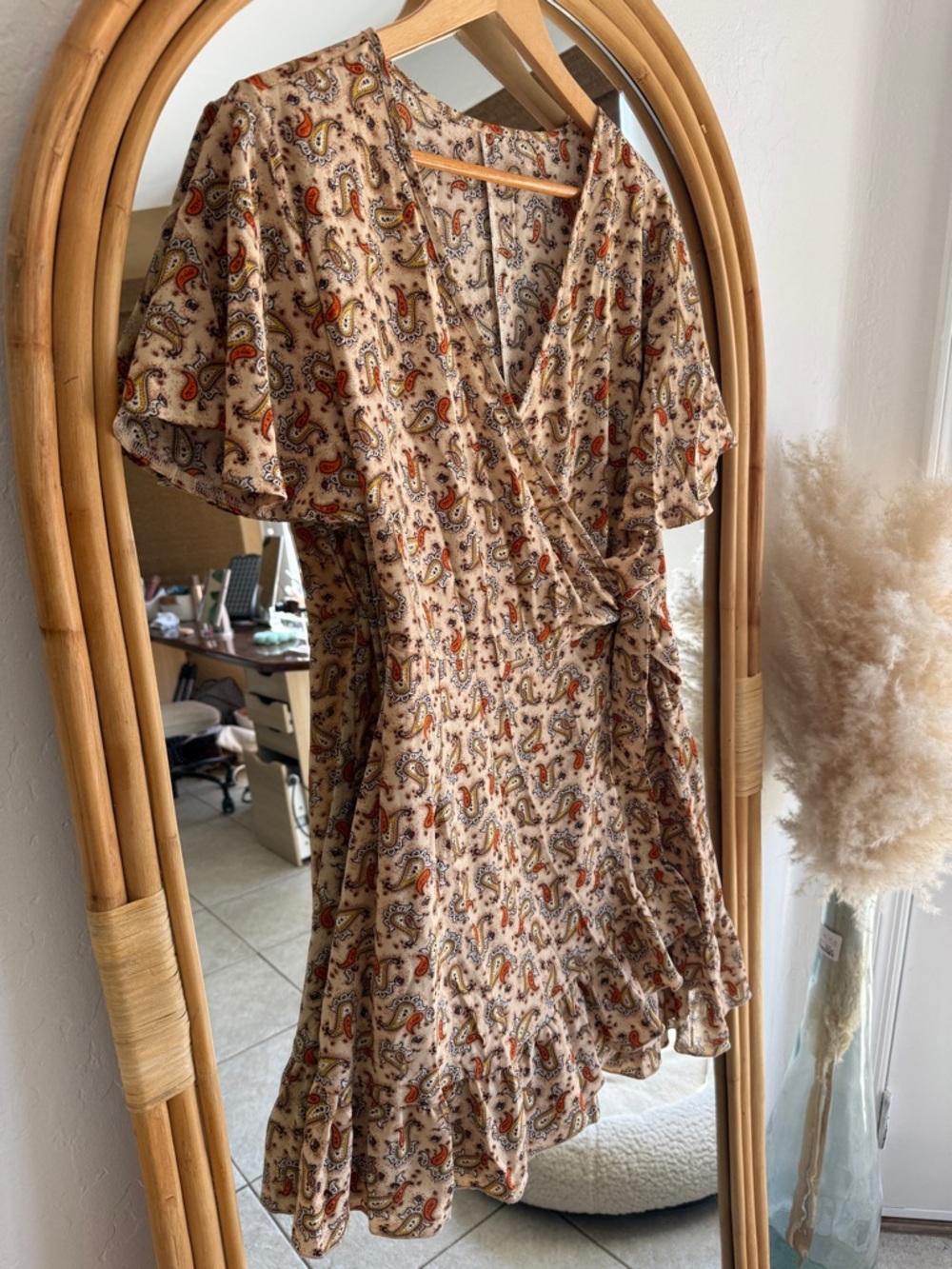 Beige Paisley Wrap Dress with Ruffle Hem - Picture 2 of 4